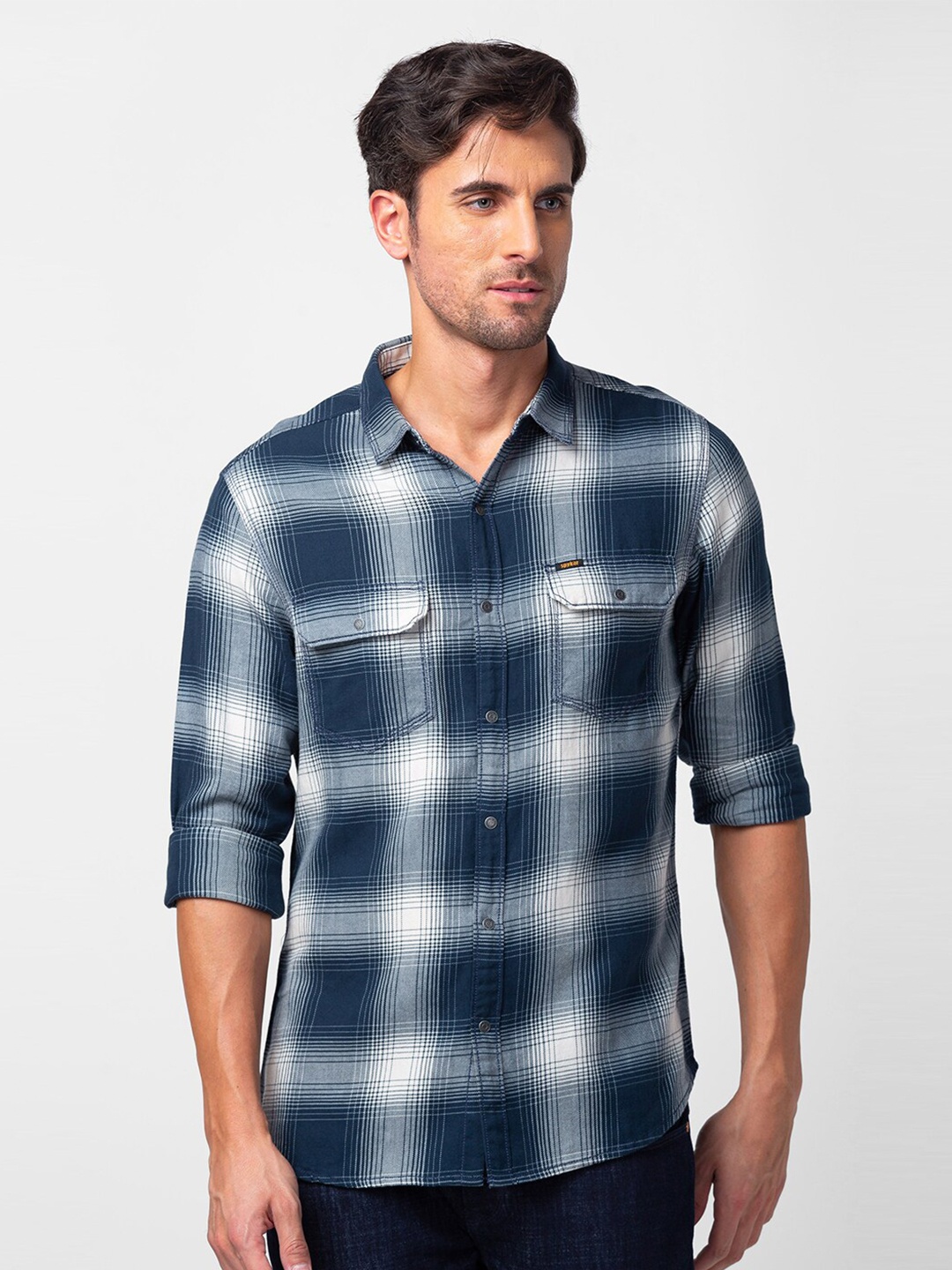 

SPYKAR Men Classic Slim Fit Checked Cotton Casual Shirt, Blue