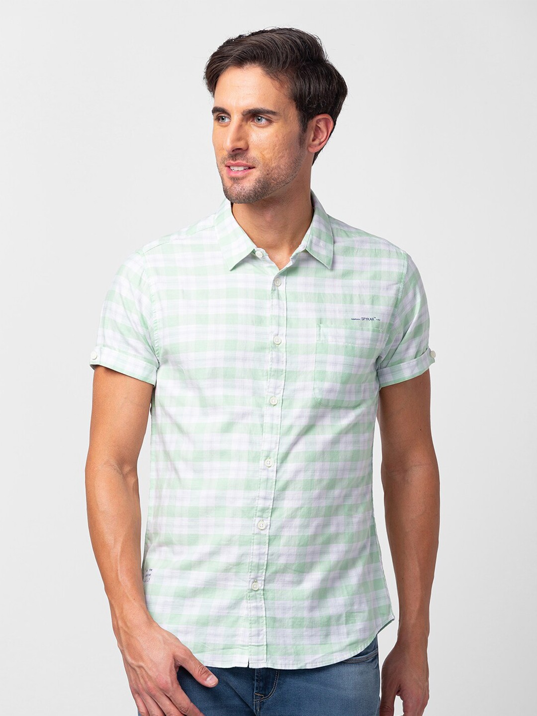 

SPYKAR Men Cotton Slim Fit Checked Casual Shirt, Sea green