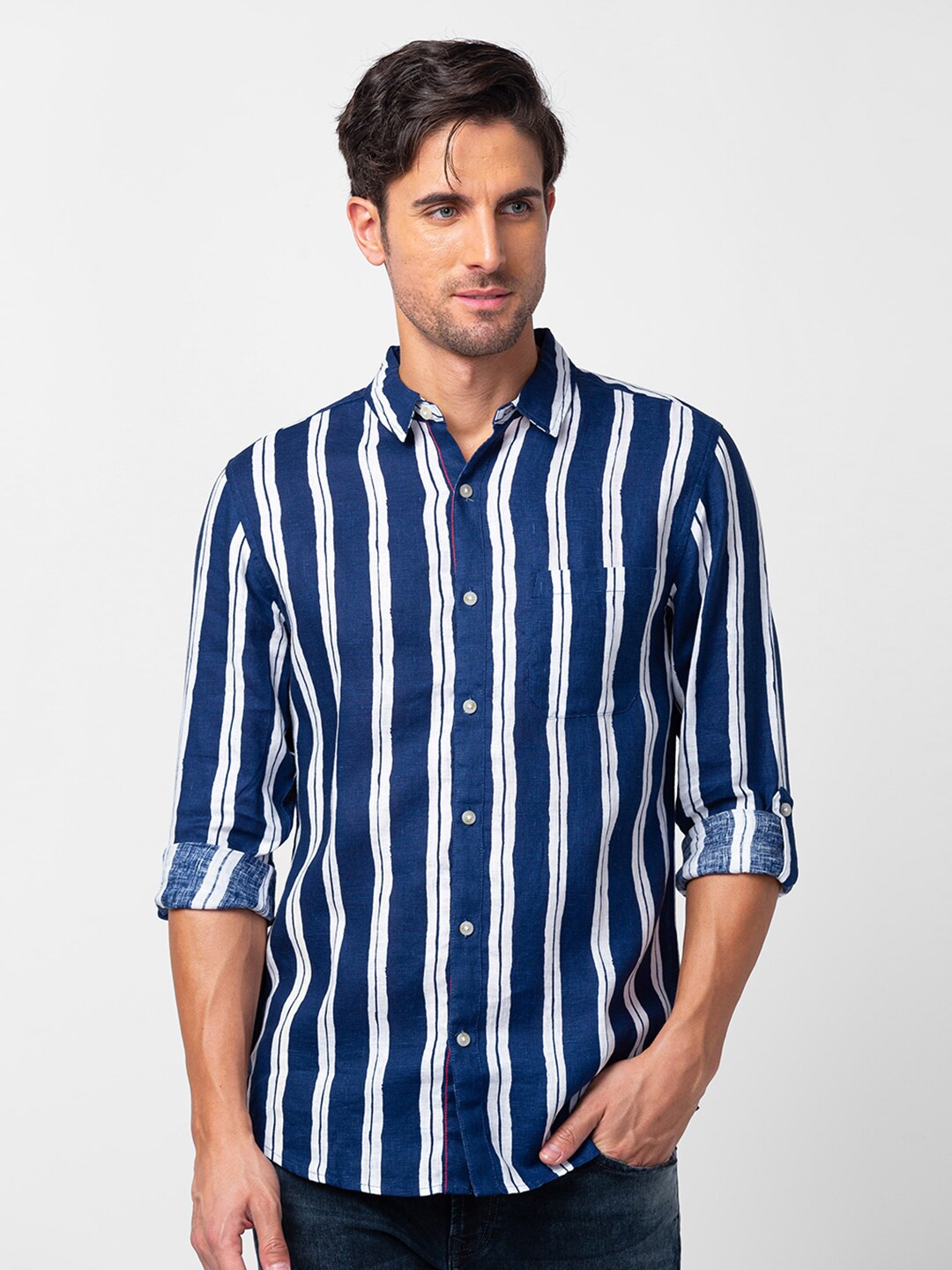 

SPYKAR Men Classic Slim Fit Striped Cotton Casual Shirt, Blue