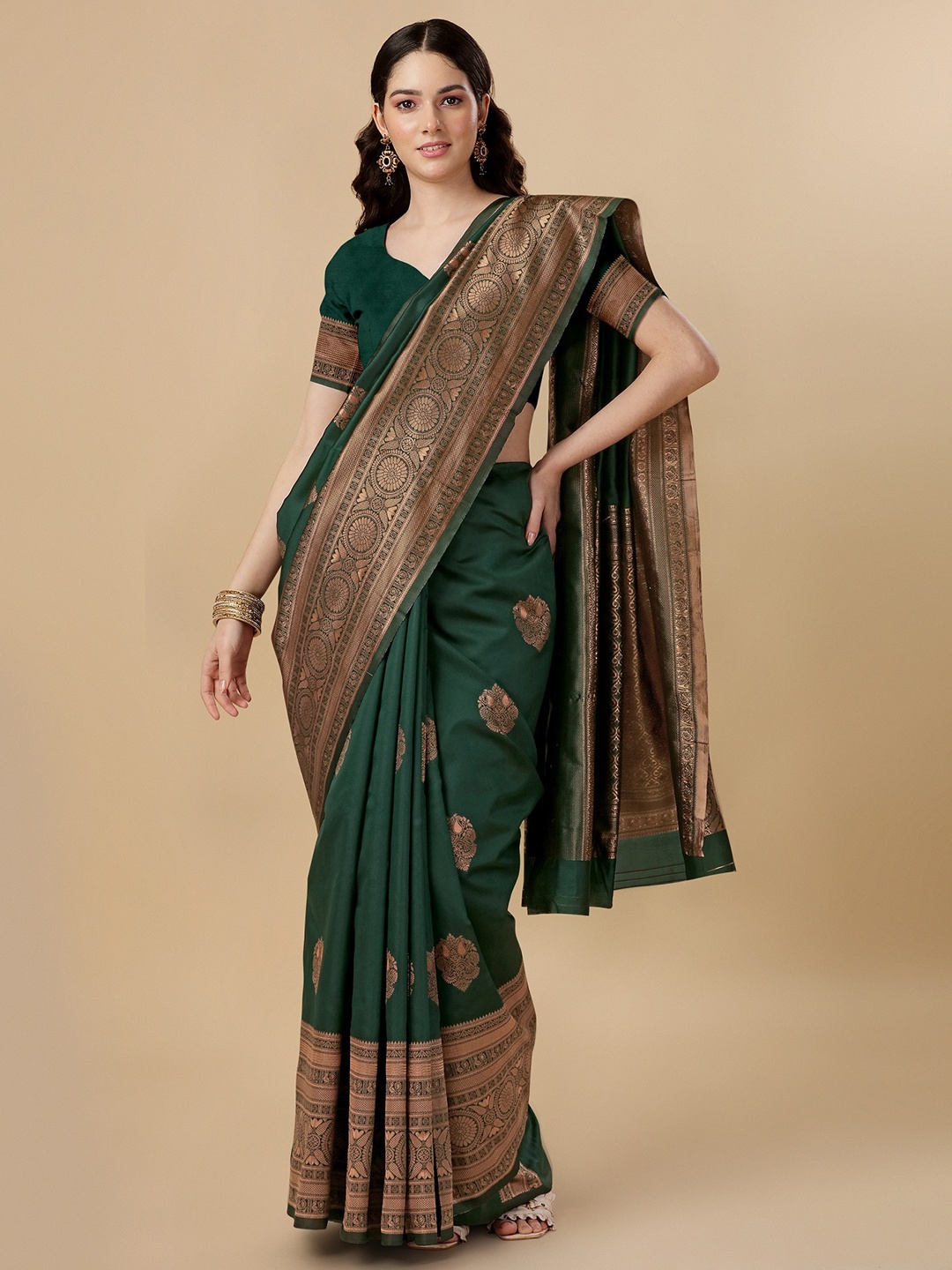 

ZIKARAA Ethnic Motifs Zari Pure Silk Banarasi Saree, Green