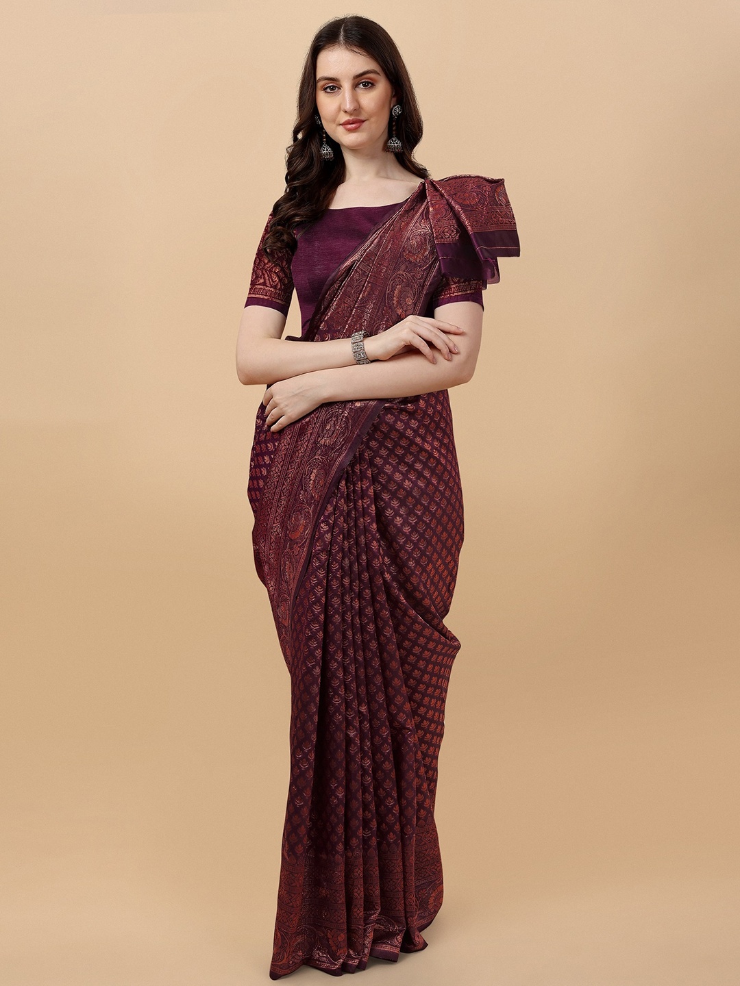 

ZIKARAA Ethnic Motifs Zari Pure Silk Banarasi Saree, Copper