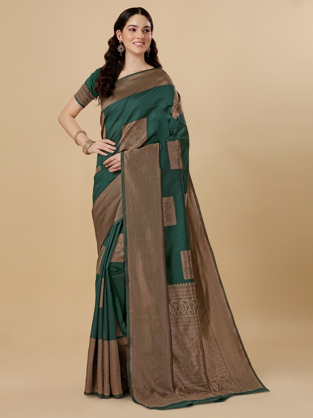 

ZIKARAA Ethnic Motifs Zari Pure Silk Banarasi Saree, Green