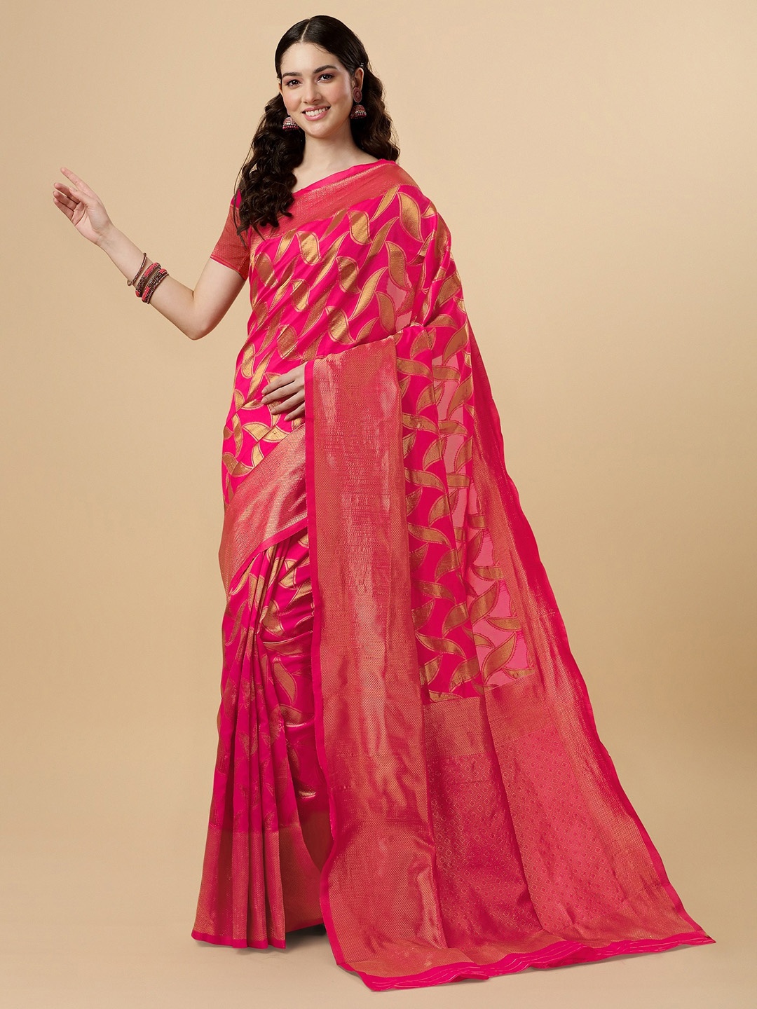 

ZIKARAA Ethnic Motifs Zari Pure Silk Banarasi Saree, Pink