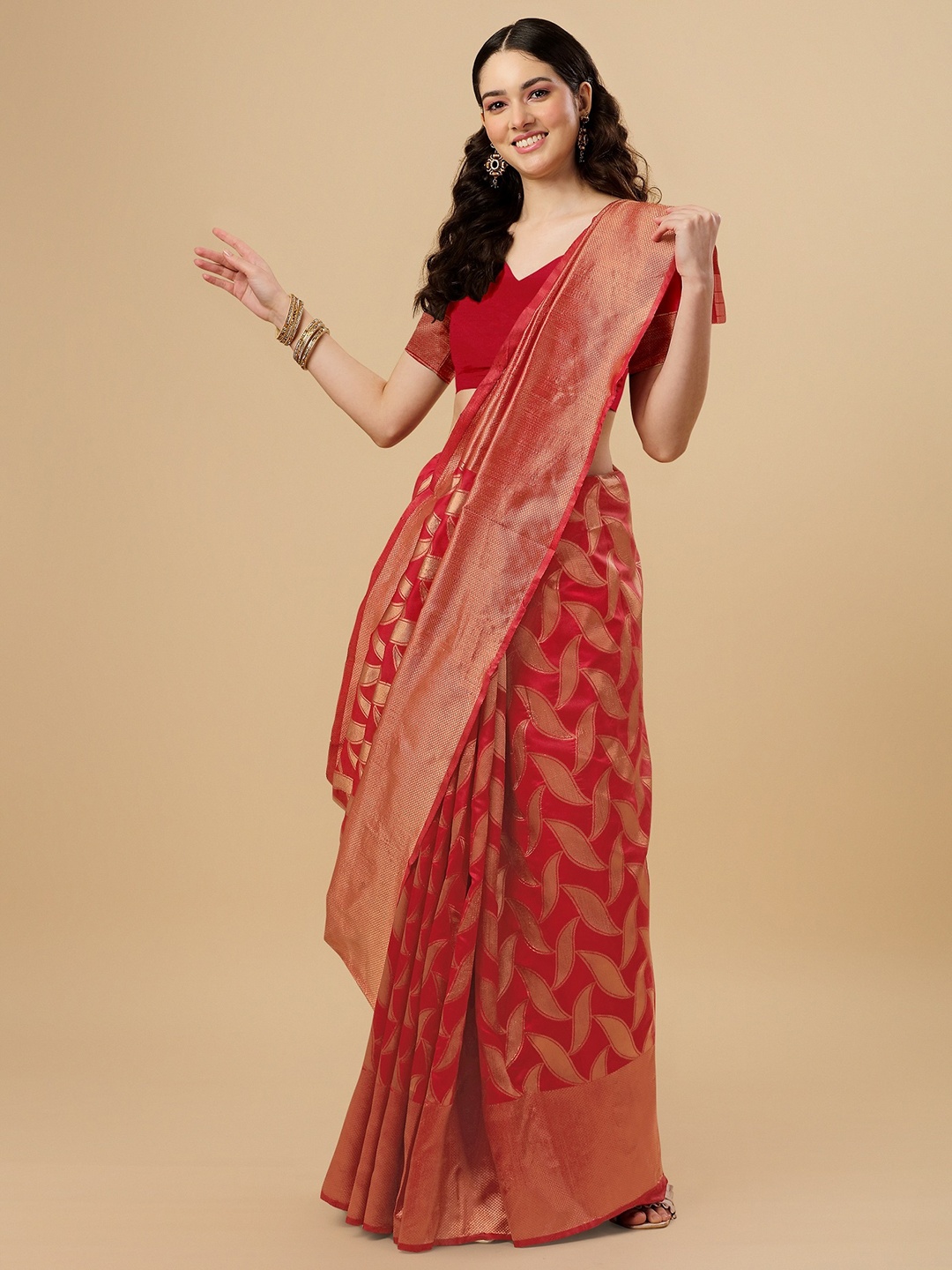 

ZIKARAA Ethnic Motifs Zari Pure Silk Banarasi Saree, Red