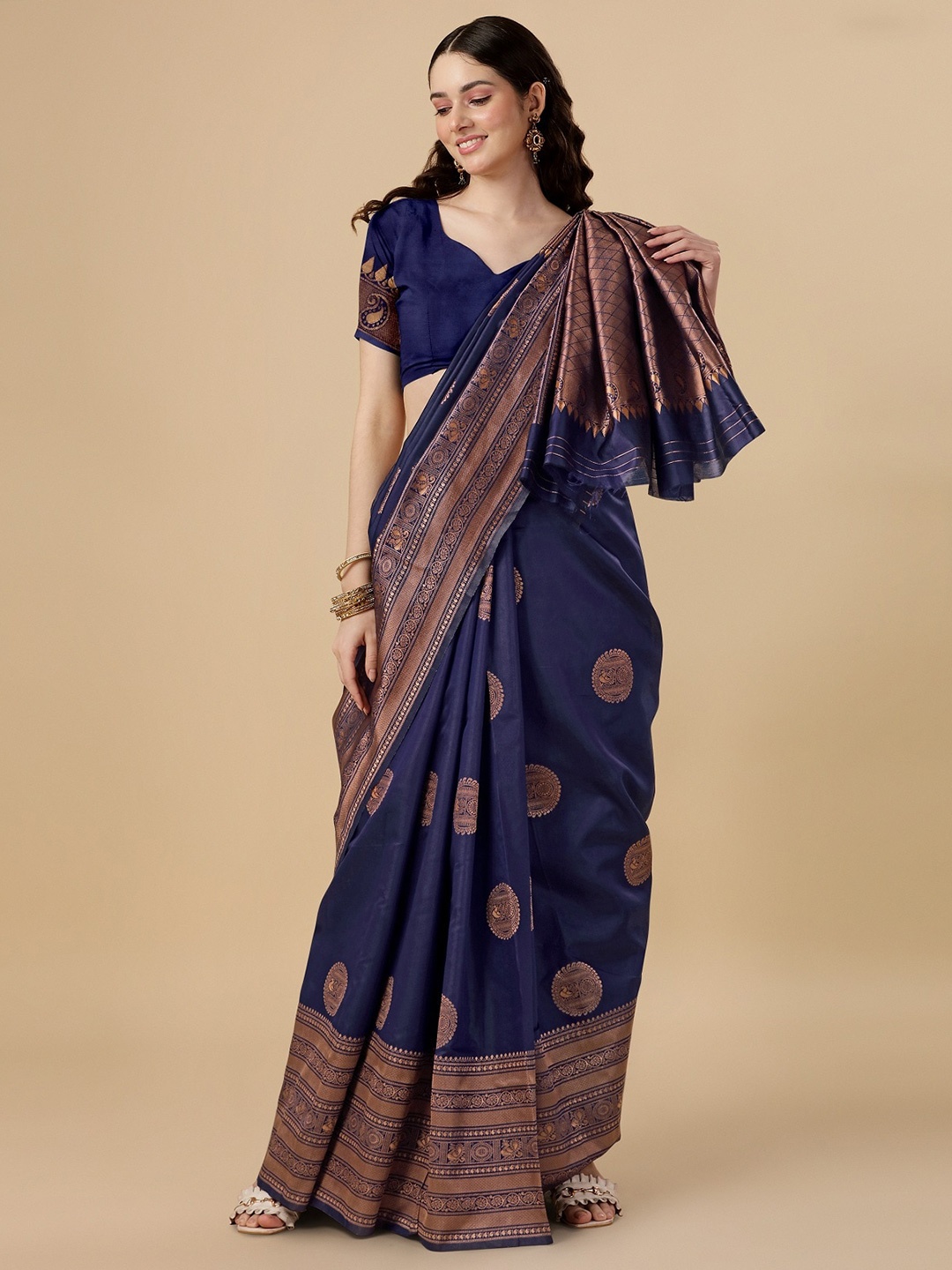 

ZIKARAA Woven Design Zari Pure Silk Banarasi Saree, Navy blue