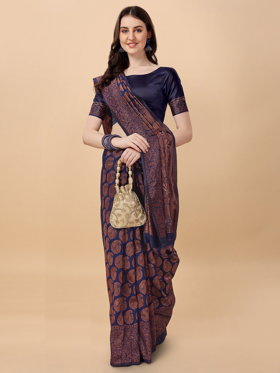 

ZIKARAA Woven Design Zari Pure Silk Banarasi Saree, Navy blue