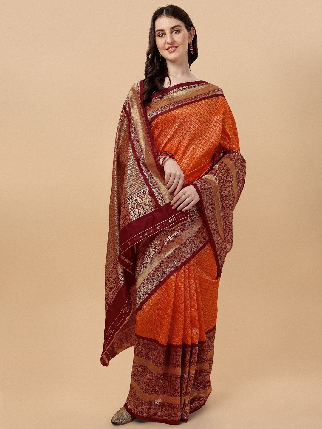 

ZIKARAA Woven Design Zari Pure Silk Banarasi Saree, Rust