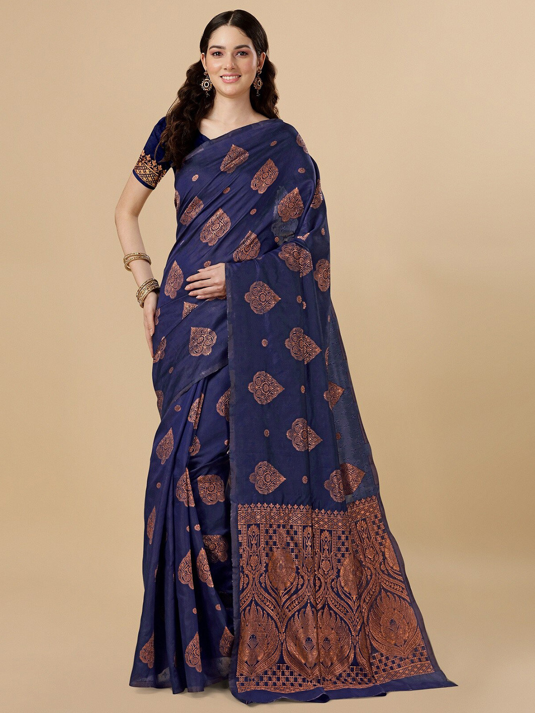 

ZIKARAA Woven Design Zari Pure Silk Banarasi Saree, Navy blue