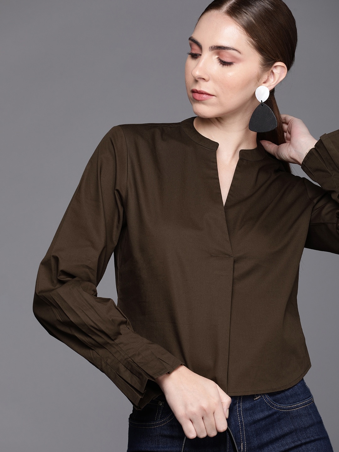 

Kenneth Cole Pure Cotton Mandarin Collar Bell Sleeve Top, Olive