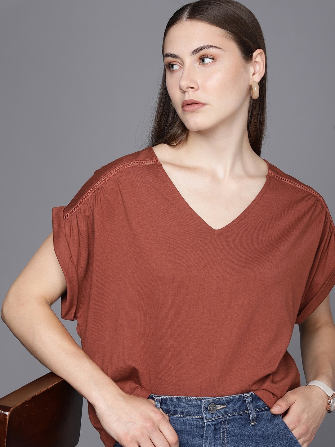 

Kenneth Cole Women V-Neck Extended Sleeves Pure Cotton T-shirt With Lace Detailing, Rust