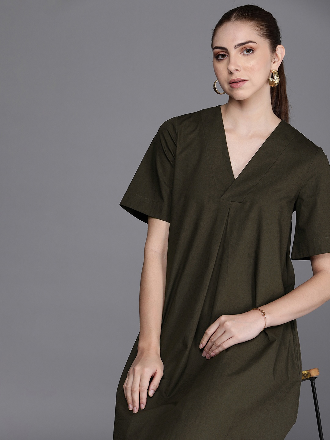 

Kenneth Cole Pure Cotton V-Neck A-Line Dress, Olive