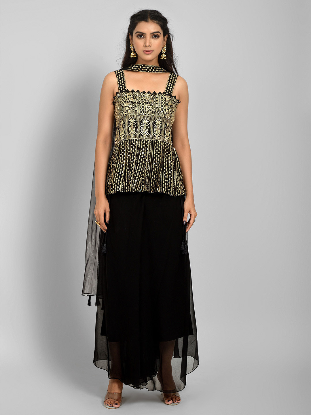 

ASPORA Women Floral Embroidered Empire Sequinned Kurti with Sharara & With Dupatta, Black