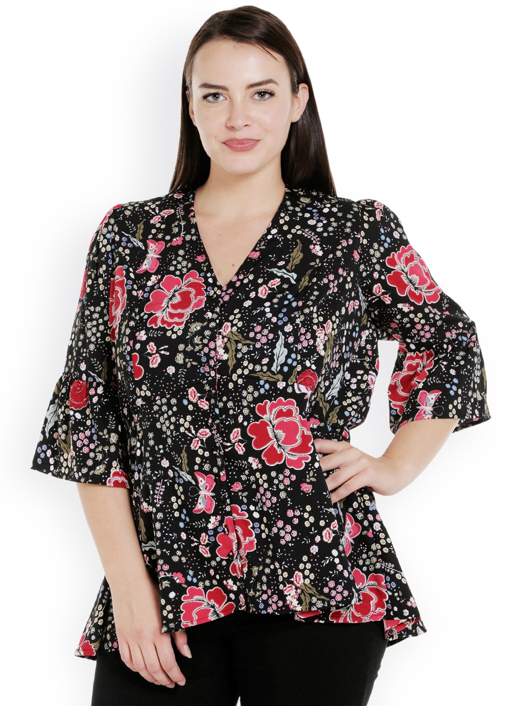 

JUNAROSE Plus Size Women Black Floral Print Regular Top