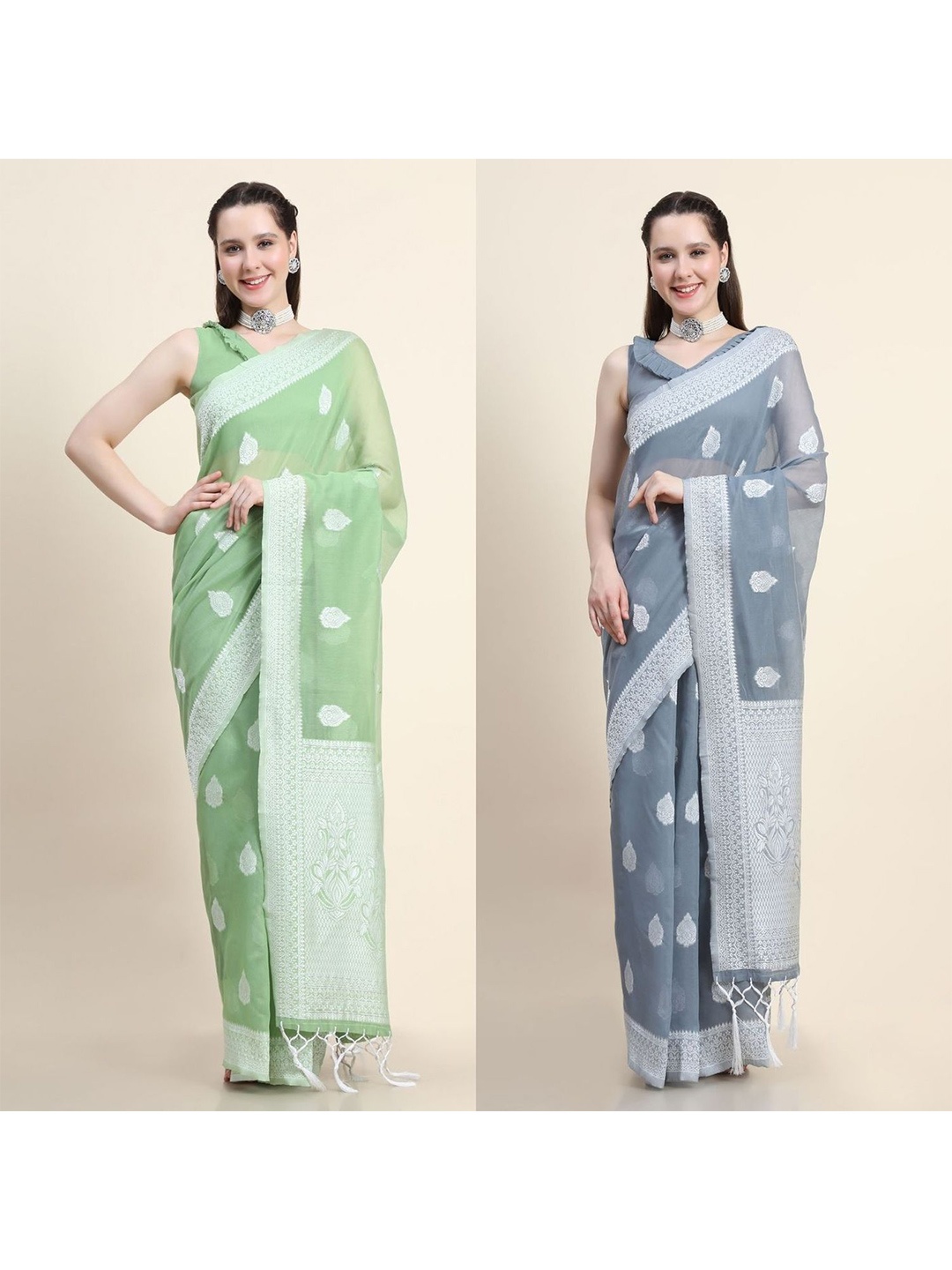 

AVANSHEE Pack of 2 Woven Design Zari Silk Blend Saree With Stitched Blouse, Green