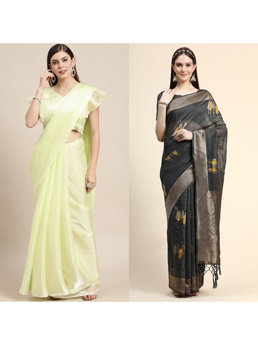 

AVANSHEE Pack of 2 Ethnic Motifs Zari Silk Blend Saree, Grey