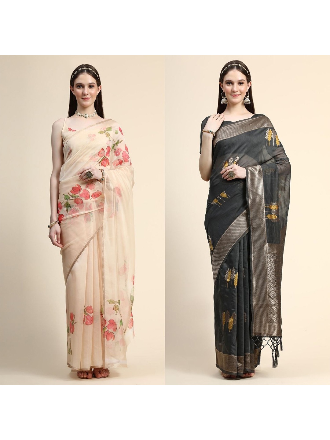

AVANSHEE Pack of 2 Woven Design Zari Silk Blend Saree, Cream