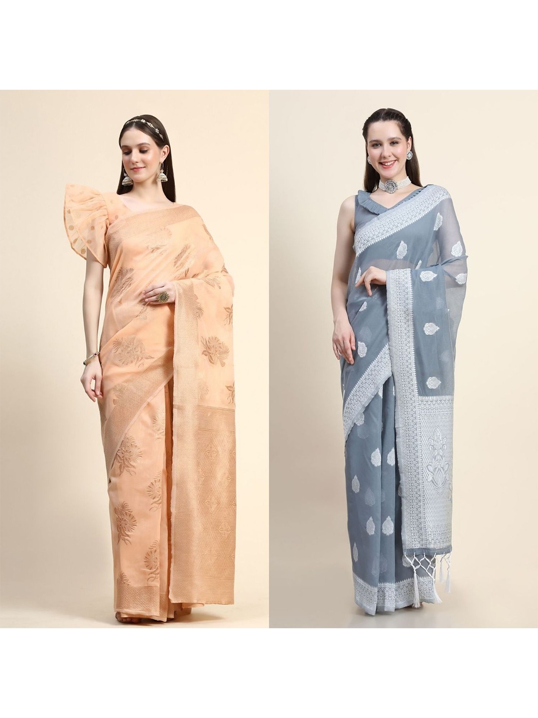 

AVANSHEE Pack Of 2 Woven Design Zari Saree, Peach