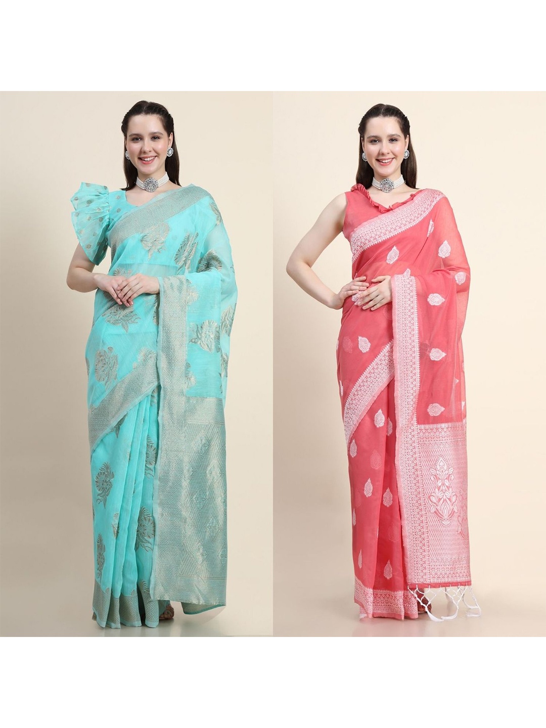 

AVANSHEE Pack of 2 Floral Zari Silk Blend Saree, Turquoise blue