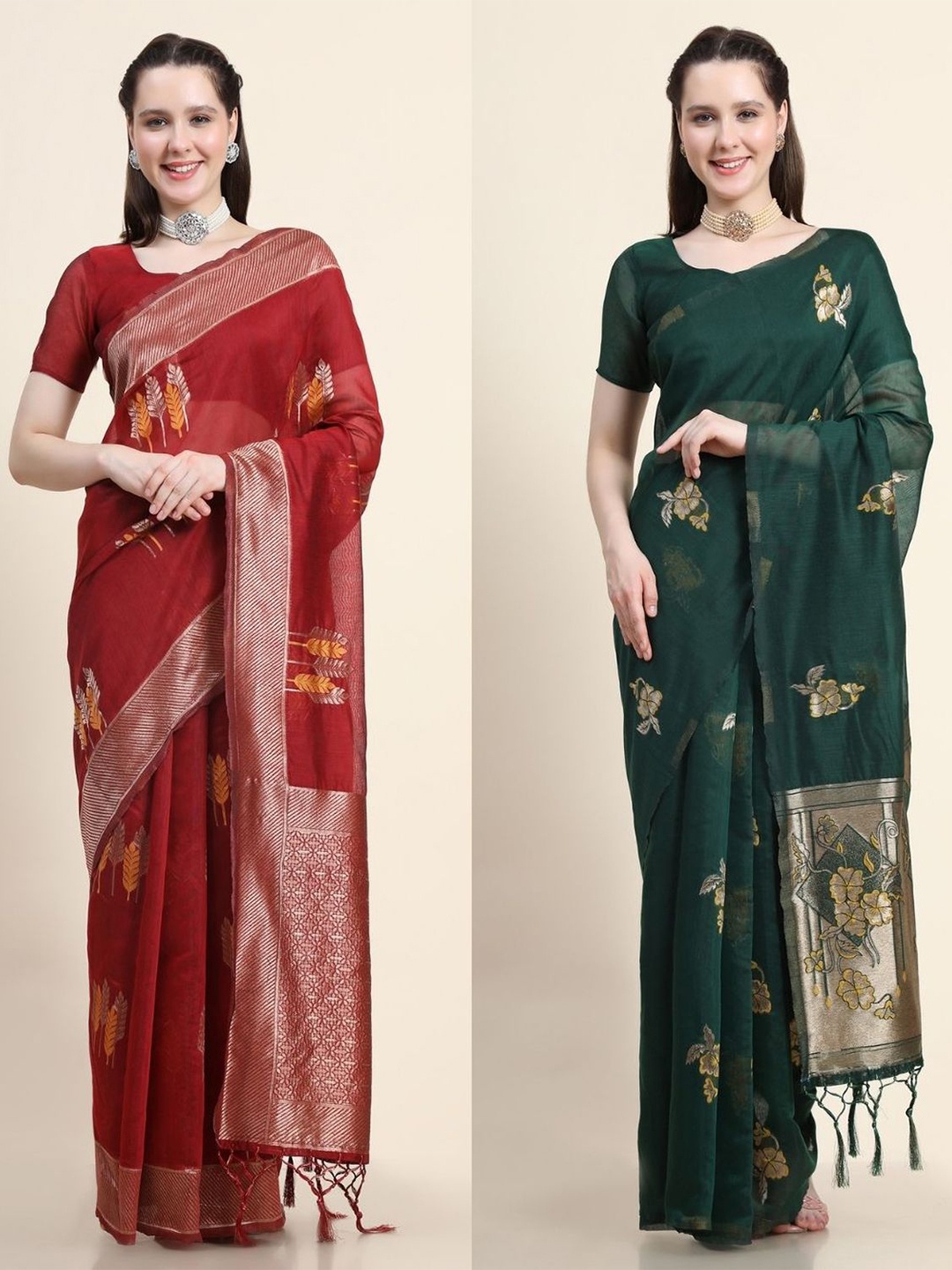 

AVANSHEE Pack of 2 Woven Design Zari Silk Blend Saree With Stitched Blouse, Green