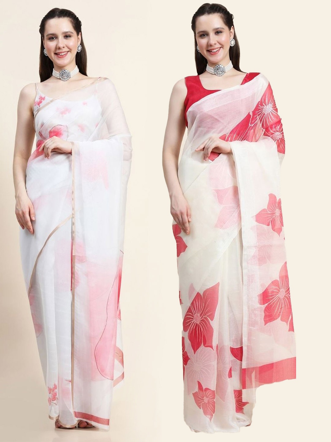 

AVANSHEE Pack Of 2 Floral Saree, White