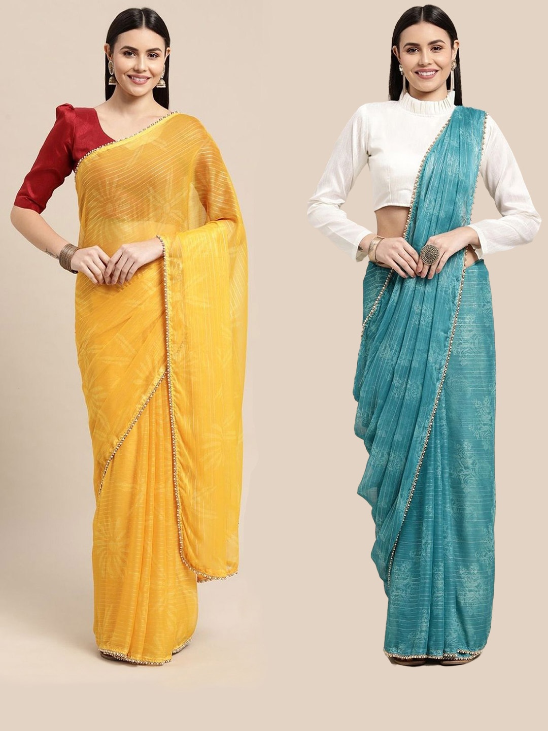 

AVANSHEE Pack of 2 Floral Silk Blend Saree, Yellow