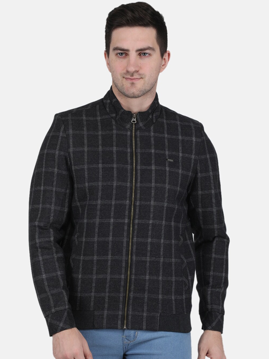 

Monte Carlo Men Checked Stand Collar Coat, Black