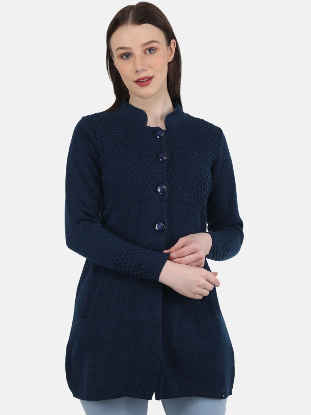 

Monte Carlo Women Self Design Pea Coat, Navy blue
