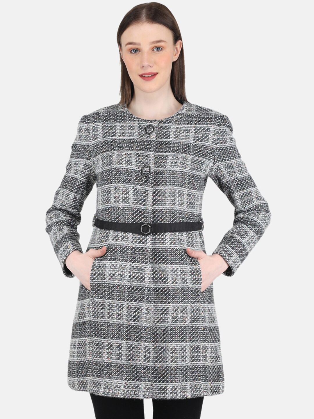

Monte Carlo Women Blended Yarn Check Coat, Grey