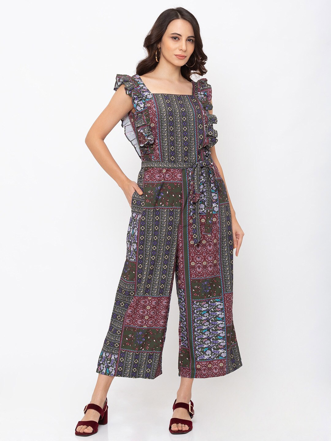 

La Aimee Printed Square Neck Basic Jumpsuit, Olive