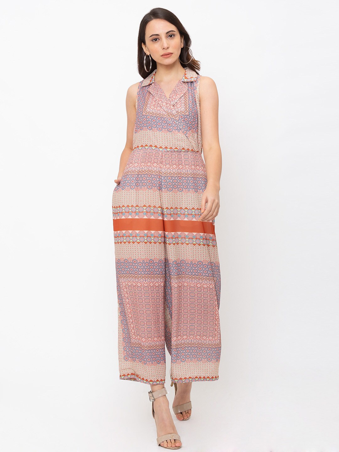 

La Aimee Collared Printed Basic Jumpsuit, Beige