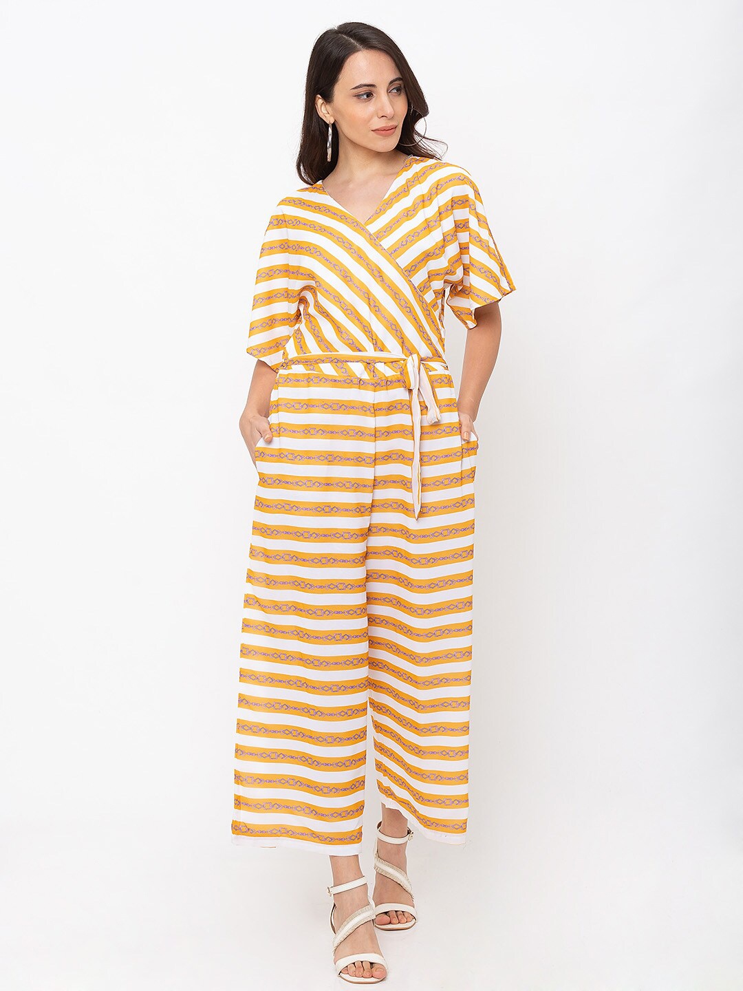 

La Aimee Striped V-Neck Basic Jumpsuit, Yellow