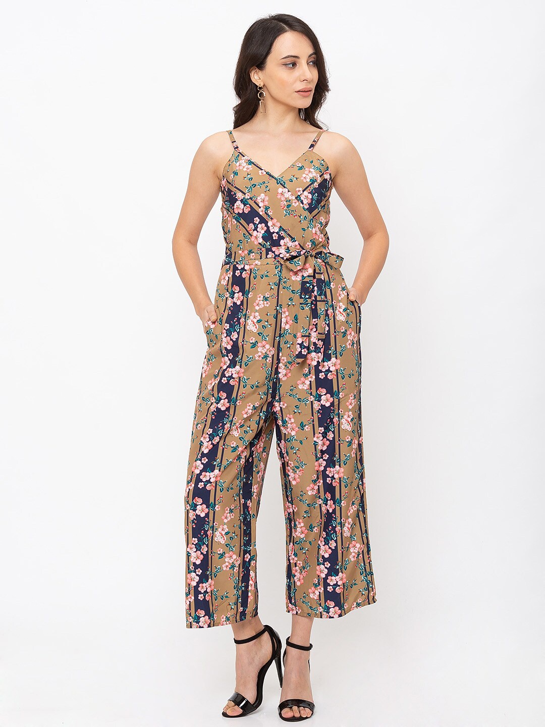 

La Aimee Printed Shoulder Strap Basic Jumpsuit, Khaki