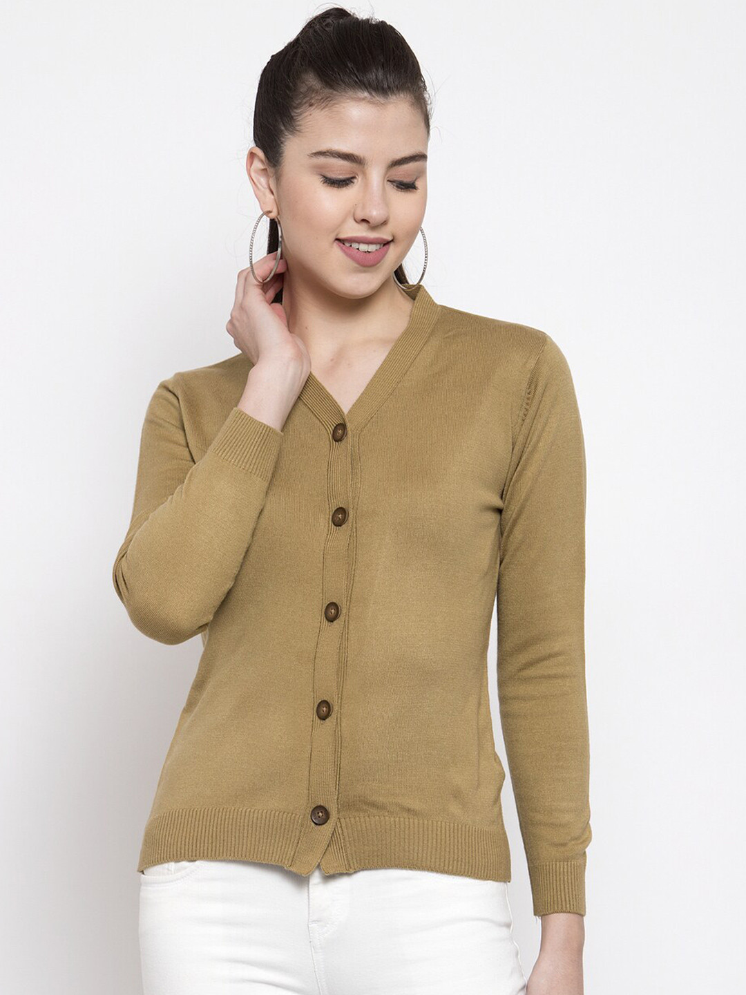 

Kalt Women Camel Brown Solid Full Sleeves Acrylic Cardigan