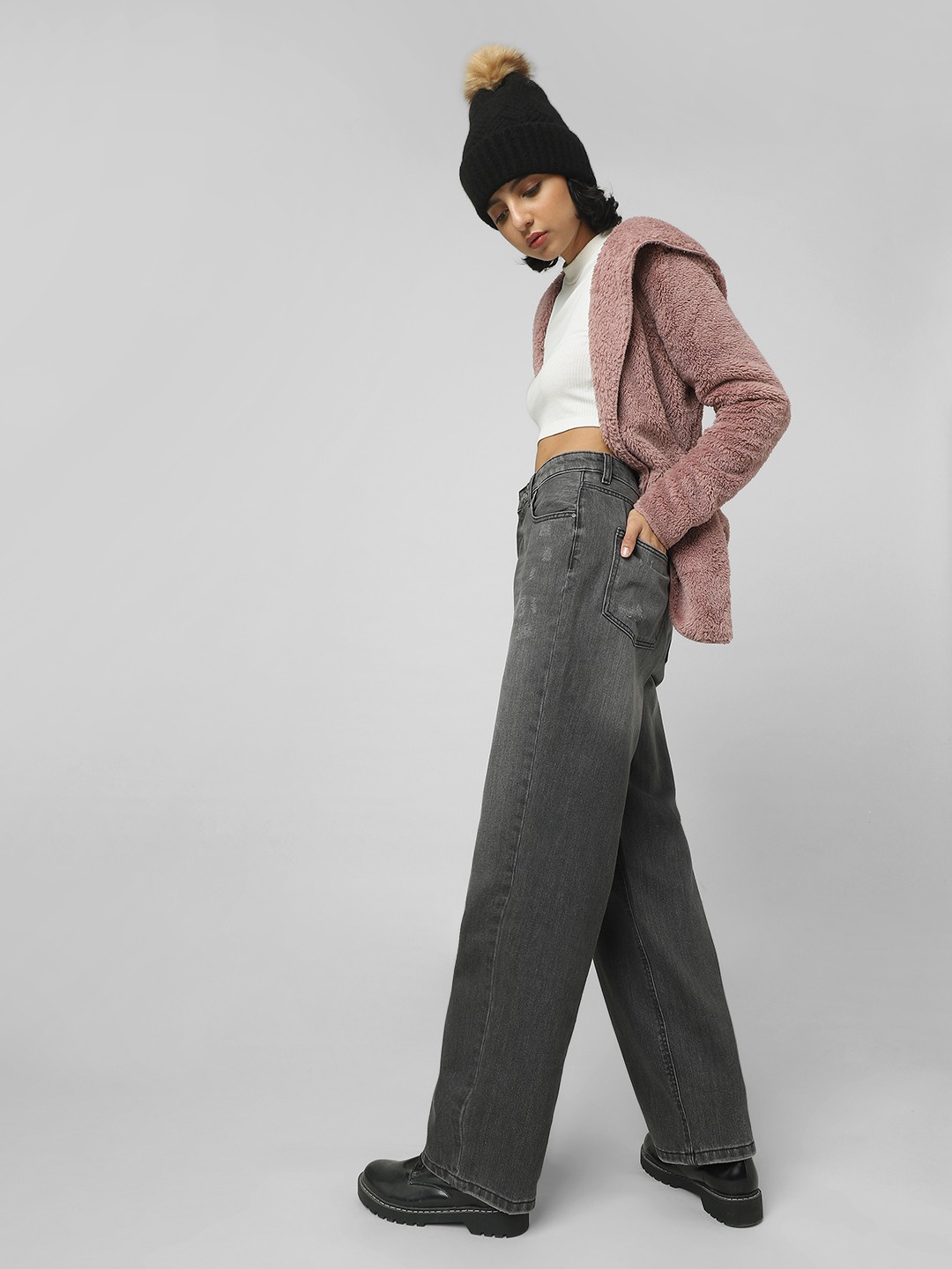 

ONLY Women Wide Leg High-Rise Heavy Fade Cotton Jeans, Black