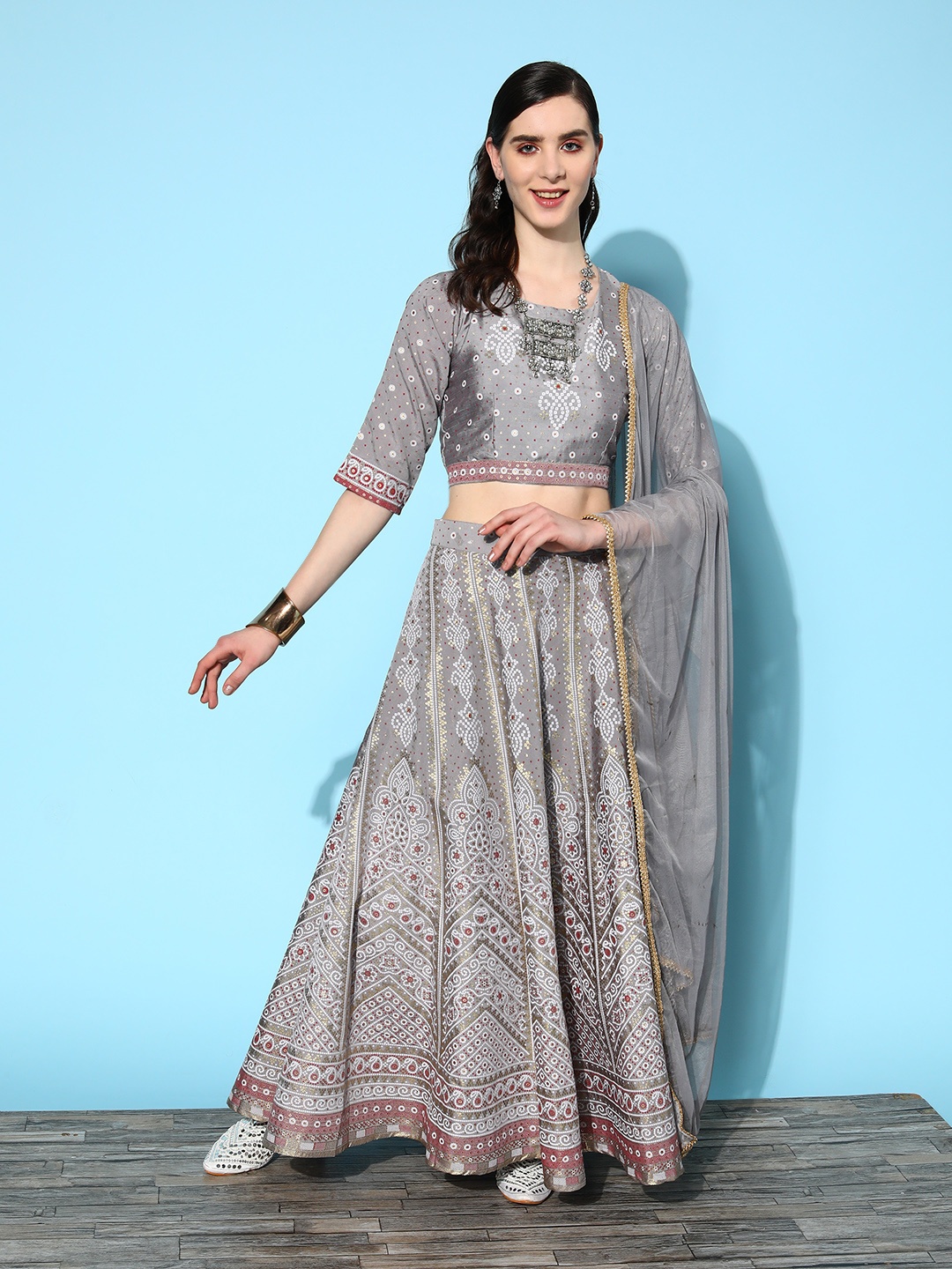 

Juniper Grey Printed Ready to Wear Lehenga & Blouse With Dupatta