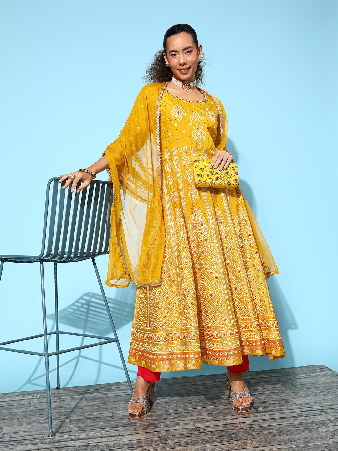 

Juniper Women Bandhani Printed Indie Prints Anarkali Kurta, Mustard