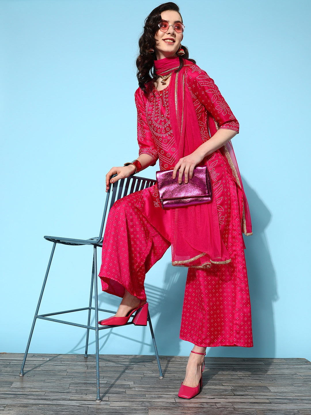 

Juniper Women Bandhani Printed Beads & Stones Kurta With Palazzos & With Dupatta, Fuchsia