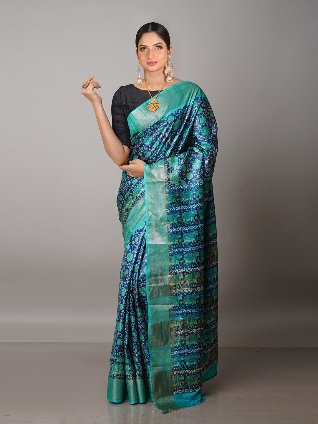 

Unnati Silks Kalamkari Pure Silk Tussar Saree, Navy blue