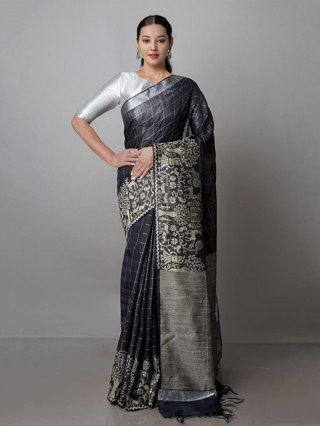 

Unnati Silks Woven Design Silk Blend Bhagalpuri Saree, Black