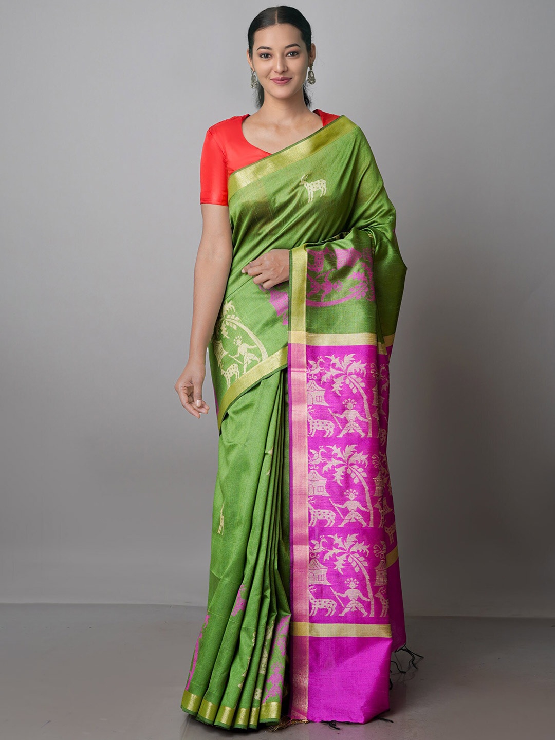

Unnati Silks Floral Zari Silk Blend Bhagalpuri Saree, Olive