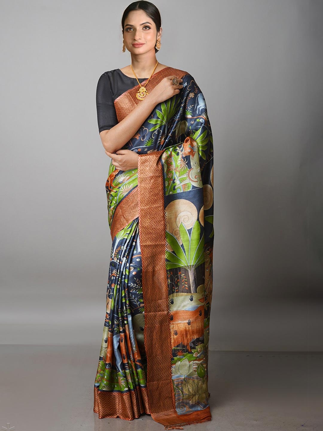 

Unnati Silks Kalamkari Pure Silk Tussar Saree, Grey