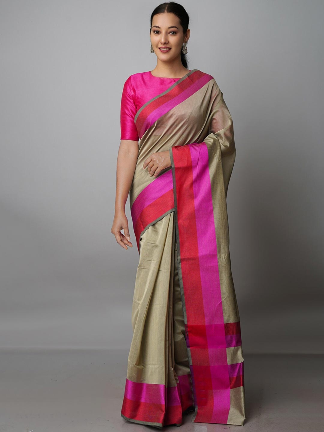 

Unnati Silks Colourblocked Zari Silk Blend Baluchari Saree, Beige
