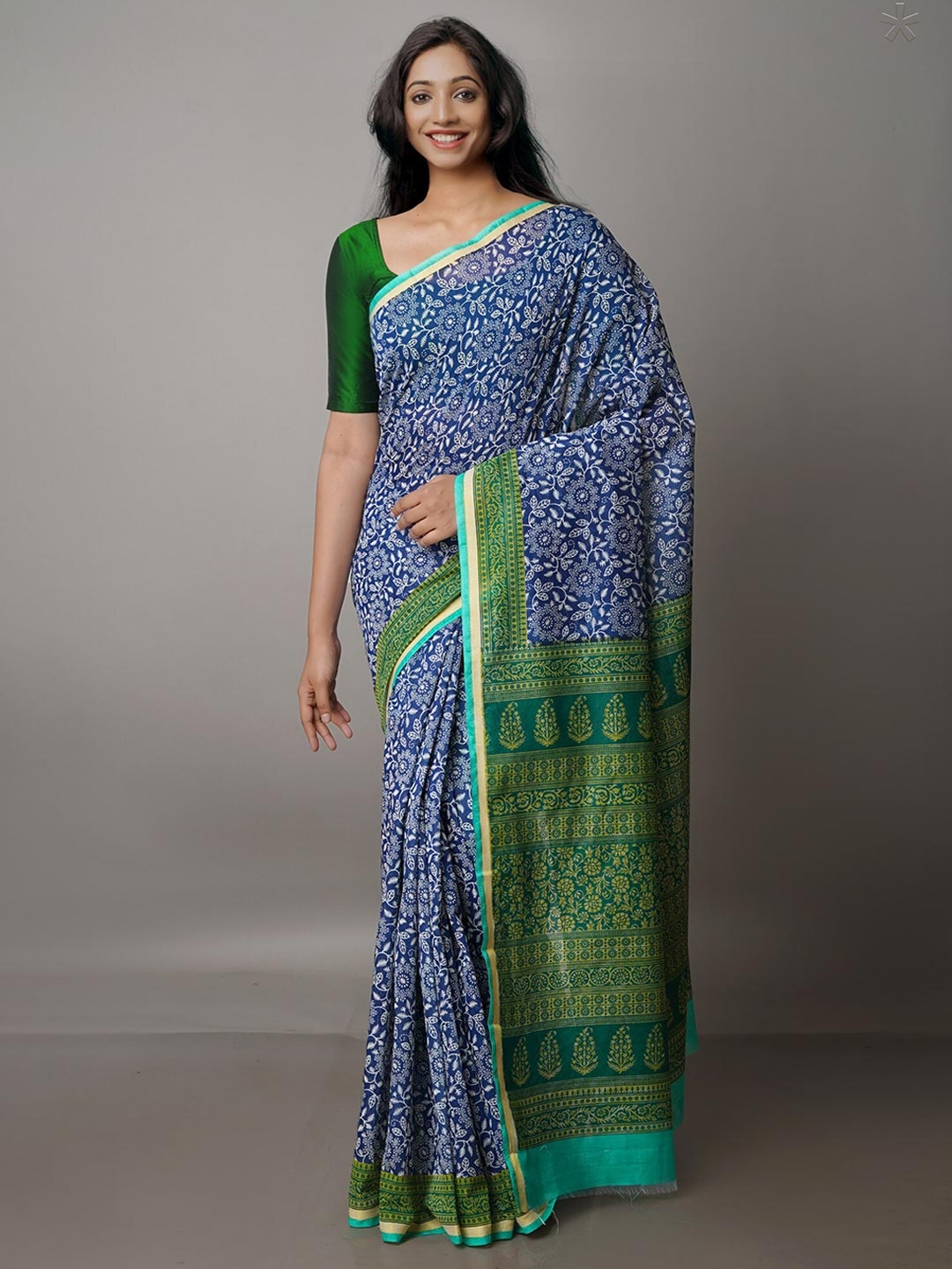 

Unnati Silks Floral Silk Blend Chanderi Saree, Navy blue