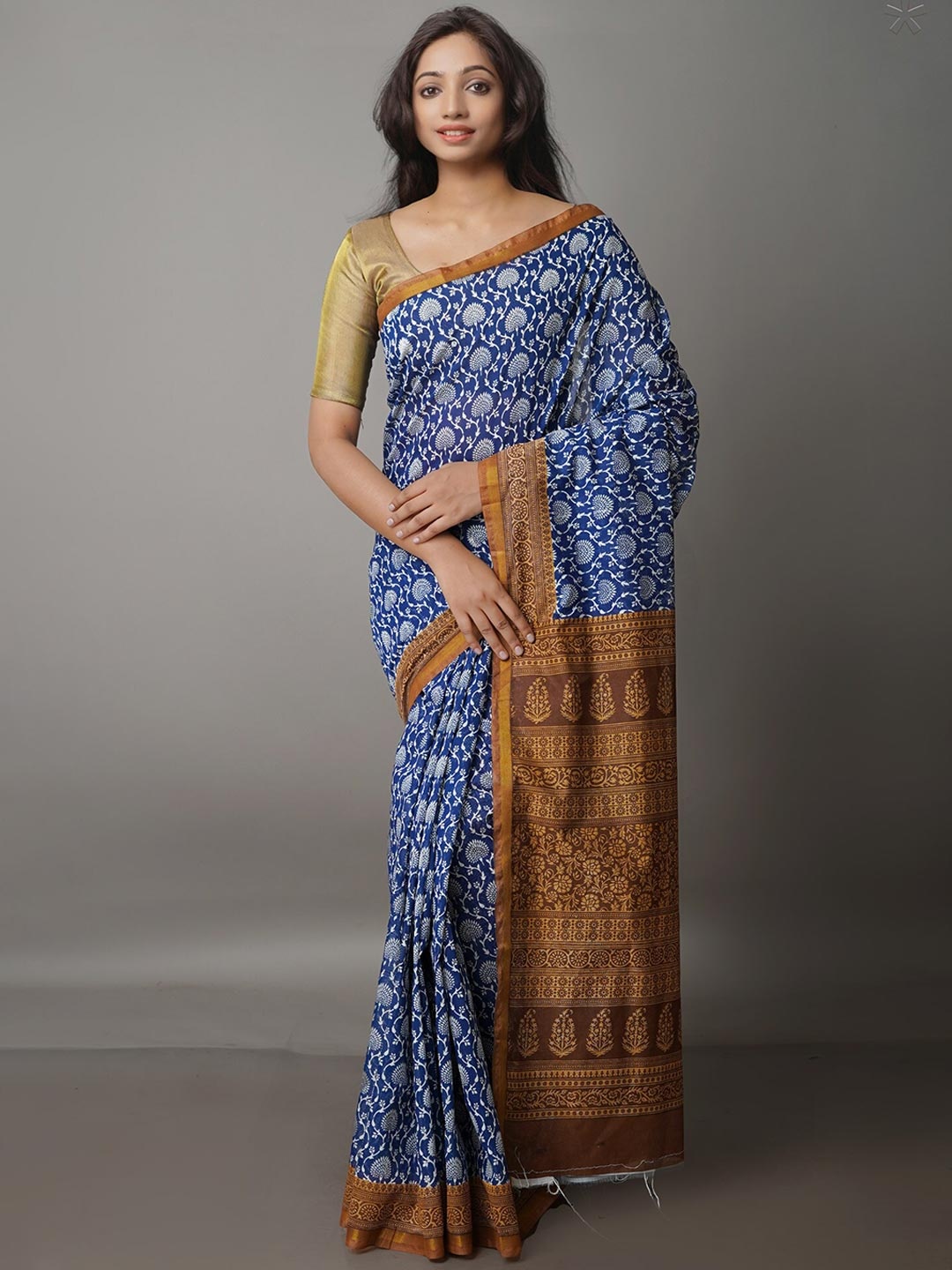 

Unnati Silks Ethnic Motifs Printed Chanderi Saree, Navy blue