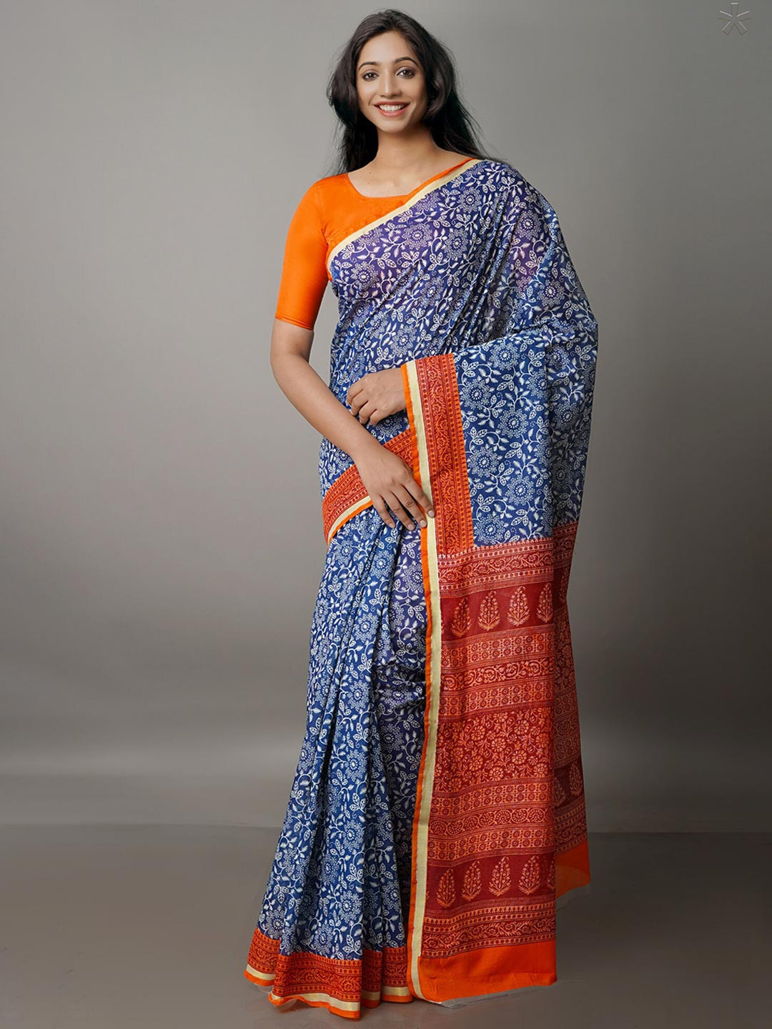 

Unnati Silks Floral Printed Chanderi Saree, Navy blue