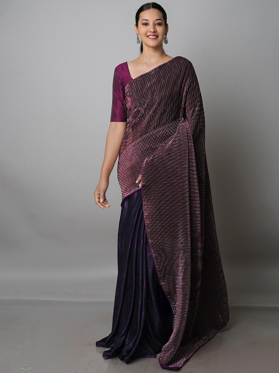 

Unnati Silks Striped Murshidabad silk Saree, Purple