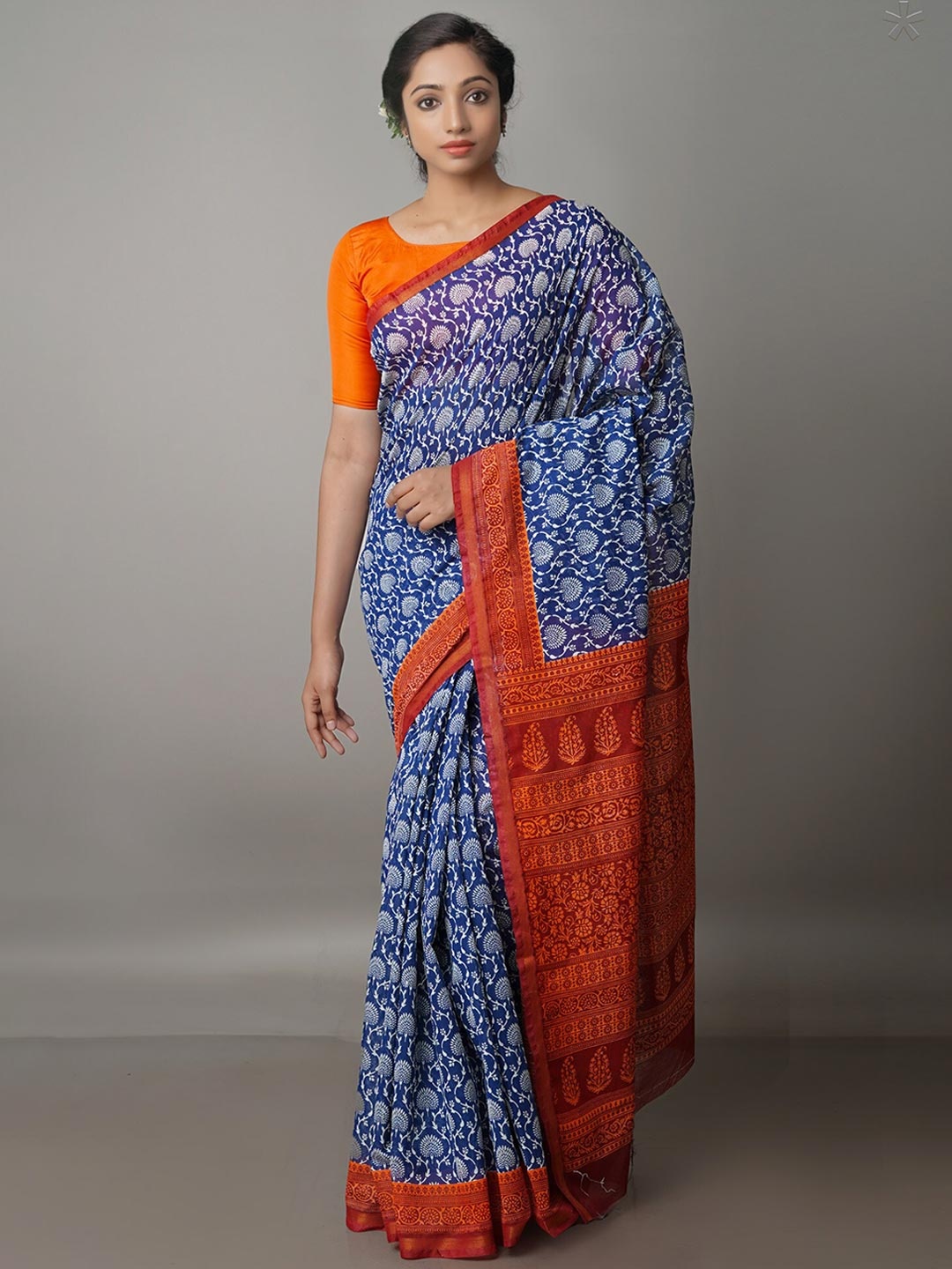 

Unnati Silks Ethnic Motifs Printed Chanderi Saree, Navy blue
