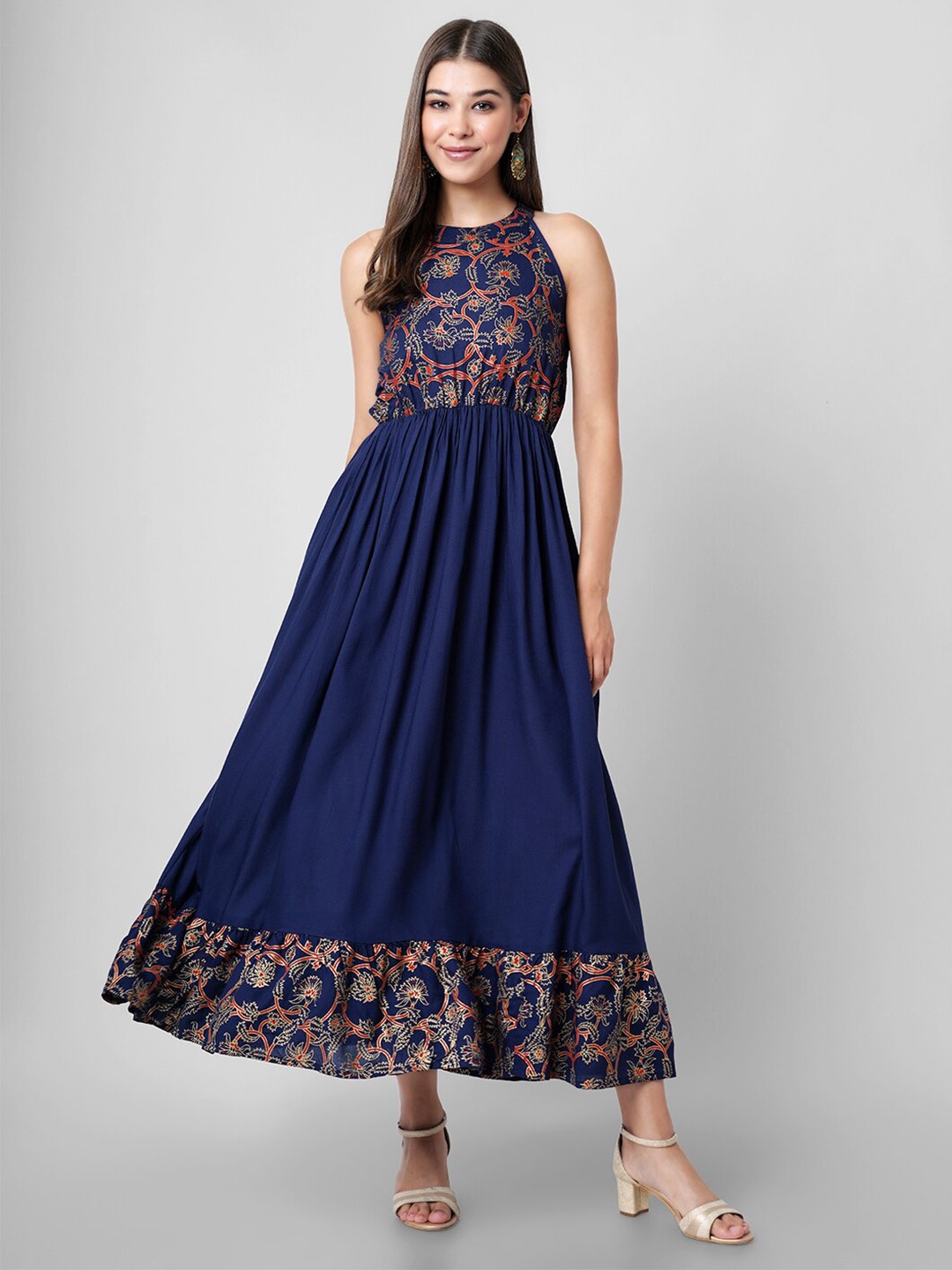 

DRESSAR Floral Printed Round Neck Maxi Dress, Blue