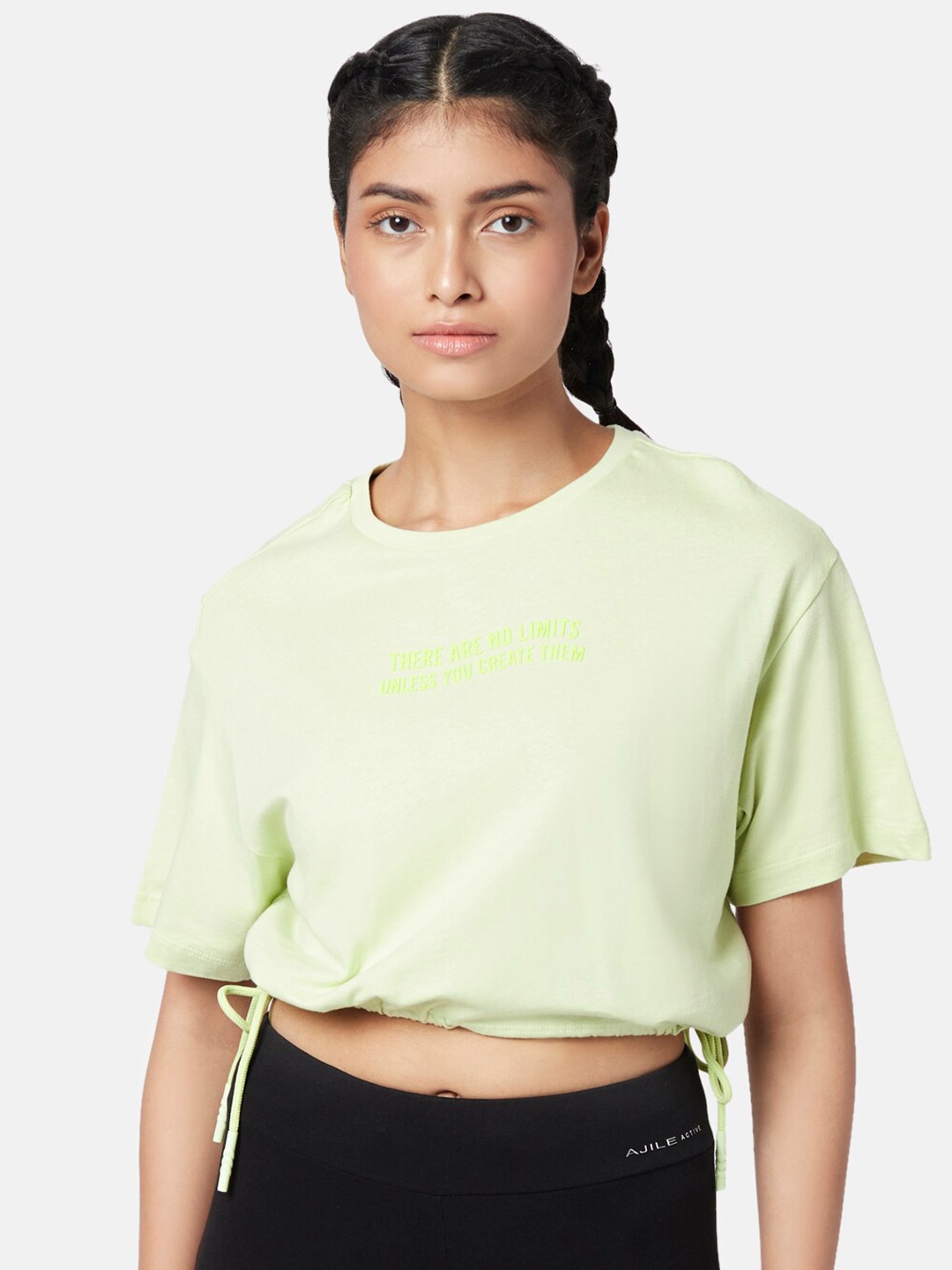 

Ajile by Pantaloons Round Neck Short Sleeves Cinched waist Crop Top, Green