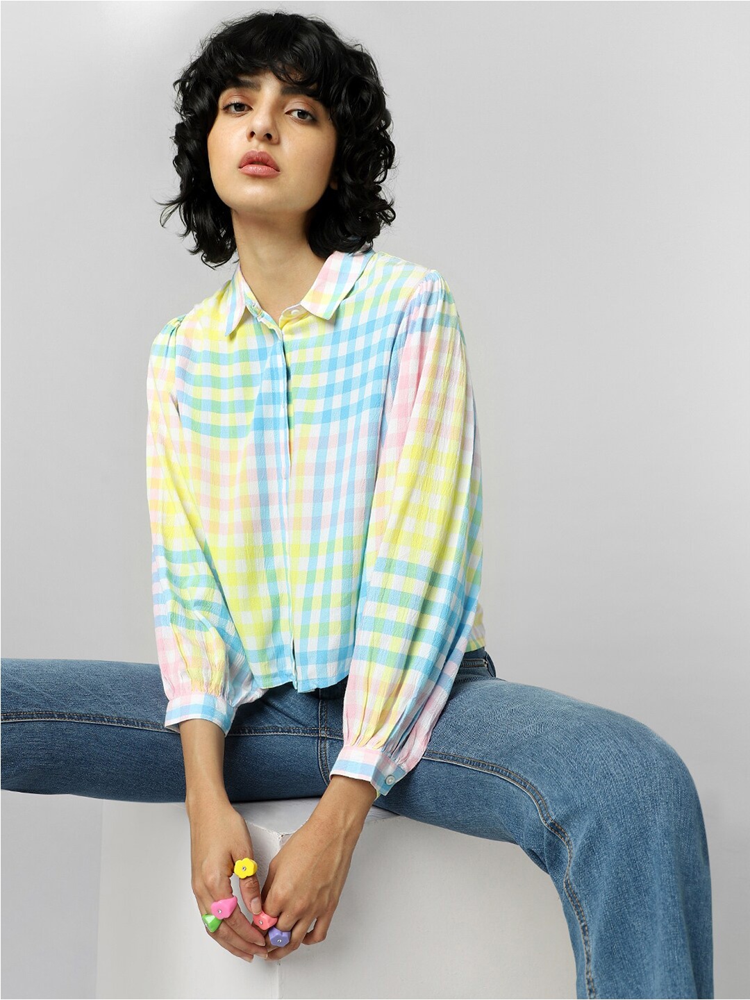 

ONLY Women Gingham Checked Crop Casual Shirt, Yellow